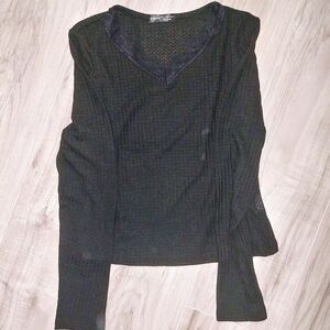 Black Textured V-Neck Top